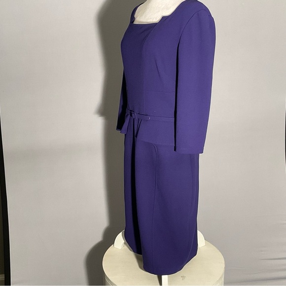 David Meister Size 10 Purple Sheath Dress Fabric Belt 3/4 Sleeve Unique Neckline - Picture 6 of 14